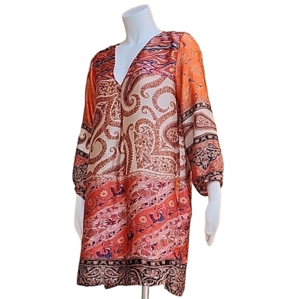 ZARA Paisley Tunic Top L Satin Blouse Orange Long Shirt Boho Convertible Sleeves - Picture 13 of 15